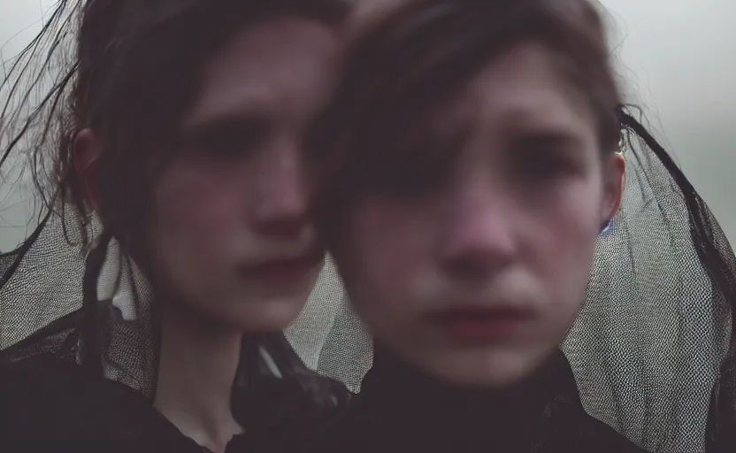 Image similar to cinestill 5 0 d candid photographic portrait by helen levitt of two loving female androids wearing rugged black mesh techwear in treacherous waters, extreme closeup, modern cyberpunk moody emotional cinematic, dust storm, 8 k, hd, high resolution, 3 5 mm, f / 3 2, ultra realistic faces, ex machina