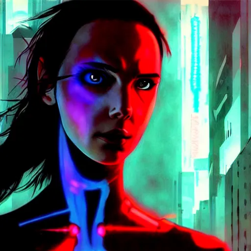 Image similar to cyberpunk movie still from the animatrix in the style of gal gadot by agnes cecile : : small female android cyborg - angel, glowing red left eye and glowing blue right eye : : cinematic lighting, advanced digital cyberpunk art