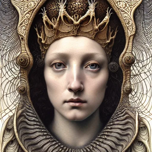 Image similar to detailed realistic beautiful young medieval queen face portrait by jean delville, gustave dore, iris van herpen and marco mazzoni, art forms of nature by ernst haeckel, art nouveau, symbolist, visionary, gothic, neo - gothic, pre - raphaelite, fractal lace, ai biodiversity, surreality, intricate hyper detailed ultra sharp octane render