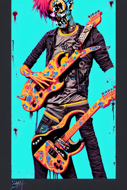 Image similar to risograph of a punk zombie playing guitar, tristan eaton, victo ngai, artgerm, rhads, ross draws, intricated details