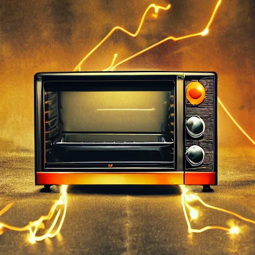 Image similar to toaster oven hangig by metallic cables, symmetry, dark messy smoke - filled cluttered workshop, dark, dramatic lighting, orange tint, sparks, cinematic, highly detailed, sci - fi, futuristic, movie still