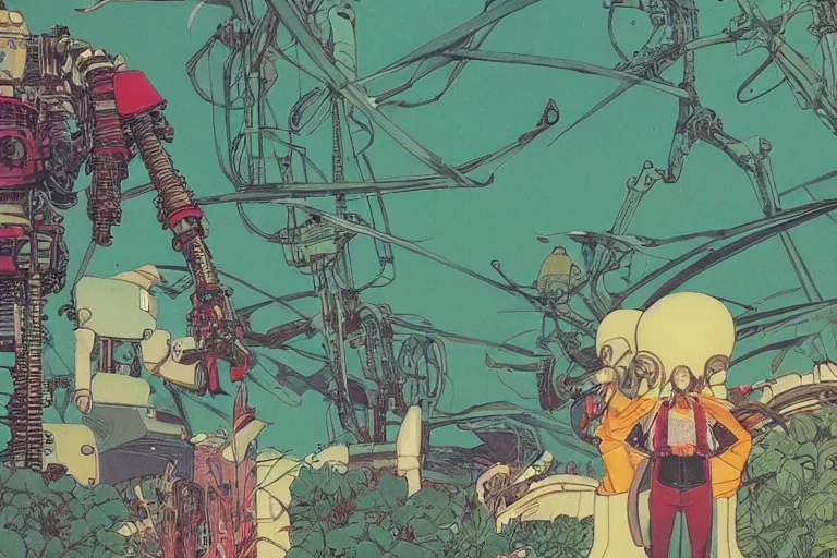 Image similar to gigantic man head, a lot of exotic vegetation around, trees, tremendous mecha robot, flowers, risograph!, oldschool vintage sci - fi flat surreal design, super - detailed, painting by moebius and satoshi kon and jodorowski