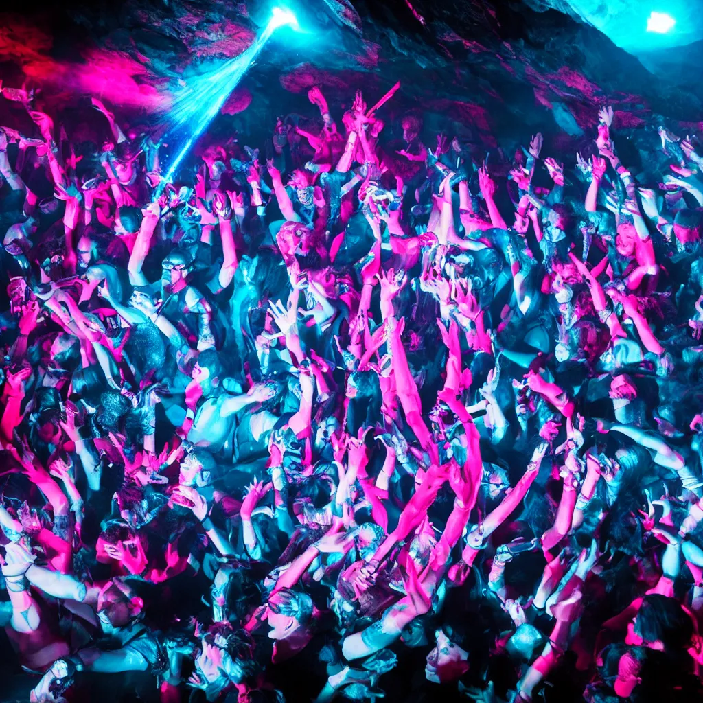 Image similar to cinematic shot of a goth nightclub rave in a cave, brutal weaponry made of pink lasers and blue crystals, 8k photograph