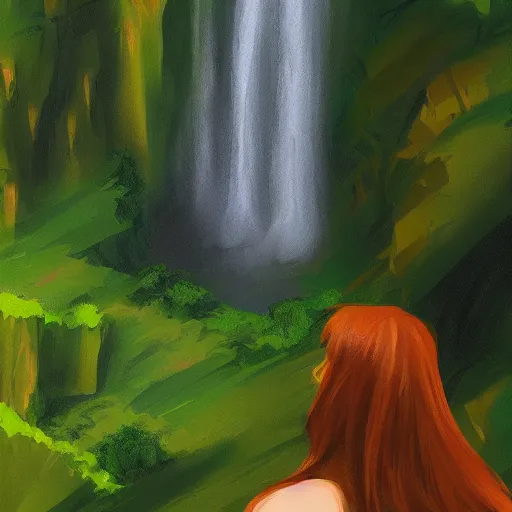 Image similar to a woman stands in front of a waterfall, green and orange color scheme, morning, artstation,