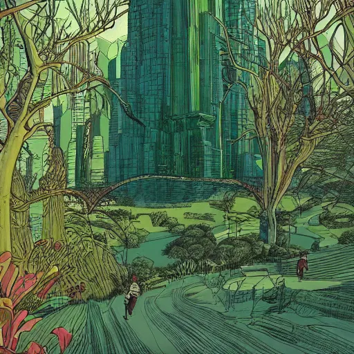 Image similar to art by moebius, landscape, emerald city,