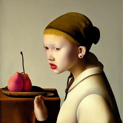 Image similar to girl with the pearl earing , earing is a fruit pear instead by johaness vermeer