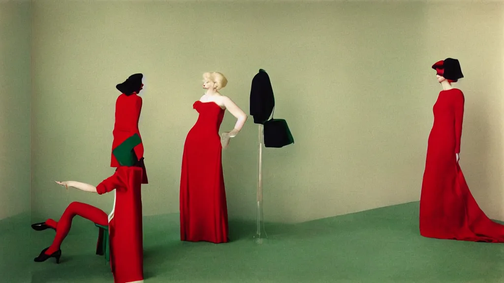 Prompt: Editorial photoshoot for Vogue Italy, haute couture, red and green, 70's, shot on film, photograph inspired by Edward Hopper and René Magritte, editorial photoshoot photographed by Tim Walker