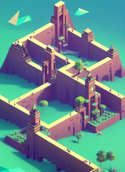 Prompt: a low poly isometric render of a kerala village in the style of monument valley, intricate, elegant, smooth, illustration, simple, solid shapes, by peter mohrbacher, phil noto, octane render