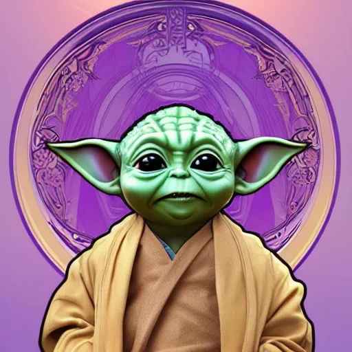 Prompt: baby yoda with long hair, wearing ornate silk clothes, gold jewelry, moon, purple feathers, by Alphonse Mucha, by artgerm, rule of thirds, super detailed, 8k