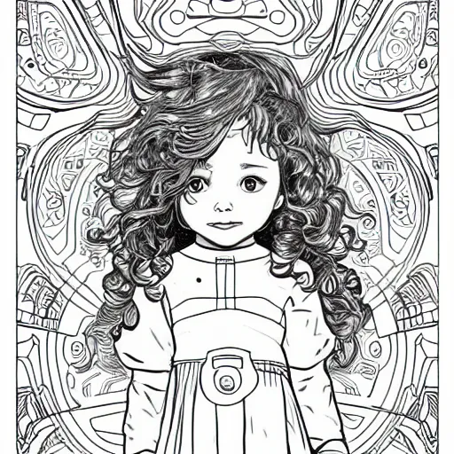 Image similar to clean simple line art of a cute little girl with a short brown wavy curly hair. she is dressed as an astronaut. no background. well composed, clean coloring book page, beautiful detailed face. coloring book line art by artgerm and greg rutkowski and johanna basford and alphonse mucha