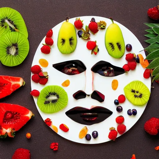 Prompt: beautiful photo a face made of fruit pieces, on a white plate, dslr