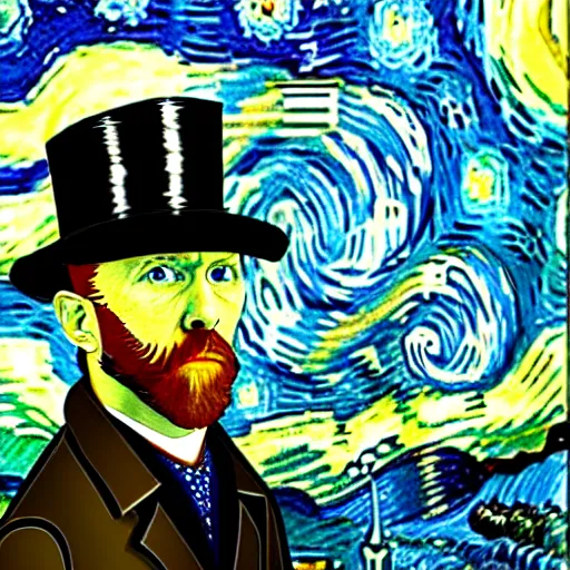 Image similar to a van gogh painting of a scp 1 7 3 wearing a top hat, 4 k, hyper realistic, dslr, landscape, high resolution