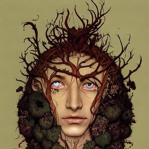 Prompt: Face Head Eyes Rootpunk Elven Physique Portrait of a Shaman Guy wearing an ivy costume lichen disguised as a human standing atop a red clay pot greg rutkowski jen bartel dragan bibin peter mohrbacher anna podedworna arthur rackham salvador dali octavio ocampo jacek yerka winslow homer norman rockwell uta natsume prismacolor tombow quill