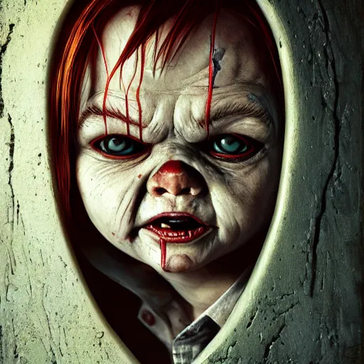 Image similar to portrait of chucky, horror, intricate artwork, concept art, octane render, deviantart, cinematic, key art, hyperrealism, iridescent accents, portrait photograph, nikon 3 5 mm, photograph by greg rutkowski