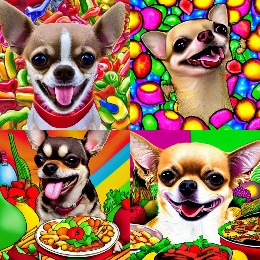 Prompt: smiling Chihuahua with six foot long tongue licking everything everywhere sitting on mountain of food detailed digital art colorful