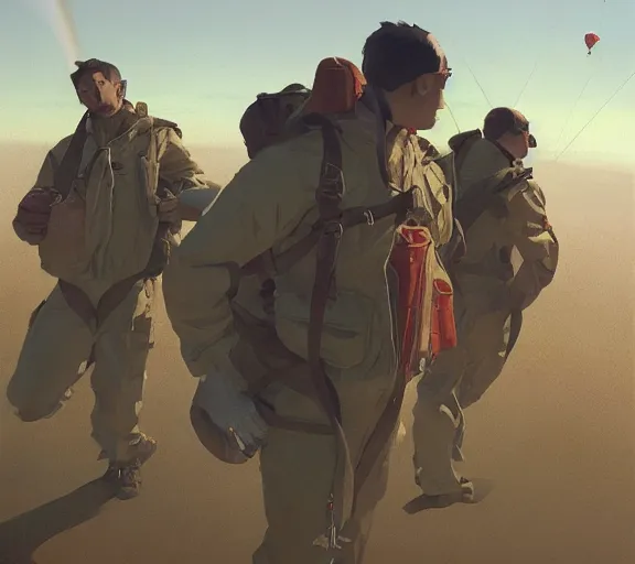 Image similar to five parachutists go to the plane, portrait, close view, painting by craig mullins, octane rendering, soft morning lighting, wide angle lens, in the style of hayao miyazaki, trending on artstation,