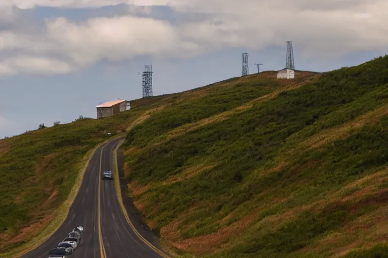 Prompt: looking down a road with warehouses on either side. hill background with radio tower on top. telephoto lens compression.