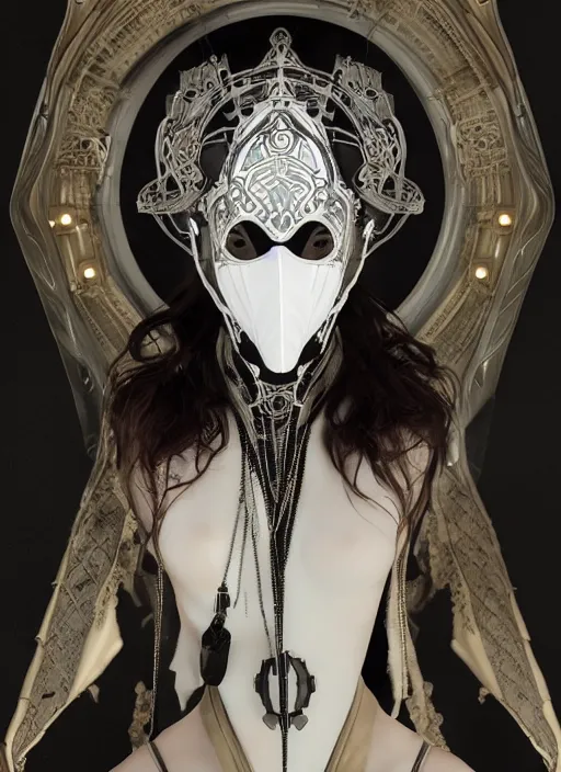 Image similar to a cyborg with mask, black leather garment with art nouveau ivory accessories, white intricate lace and jewels, ominous, ethereal, misty, diffused lighting, cyberpunk, darksynth, luxury, concept art by zeen chin, extremely detailed, artstation, alphonse mucha, ruan jia, 8 k, unreal engine 5