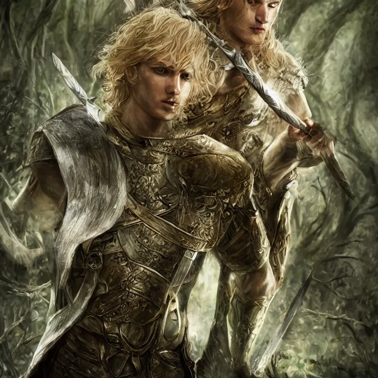 Prompt: elvish blonde male warrior, magical forest, lord of the rings style, realistic, full body, fantasy, sharp focus, 8 k high definition, character portrait, portrait, concept art, insanely detailed, intricate, elegant