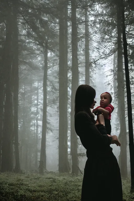 Image similar to a cinematic photo of a young woman with dark hair holds a baby in a dark, foggy forest, closeup, masterpiece