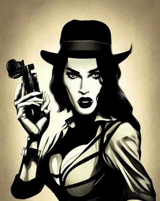 Prompt: dream of a film still from sin city, closeup portrait of film noir angry megan fox private detective wearing a hat and sunglasses, china town, glamour pose, detailed illustration, digital art, trending on artstation, dan mumford, patrick nagel, yoshitaka amano, graffiti, gta v,