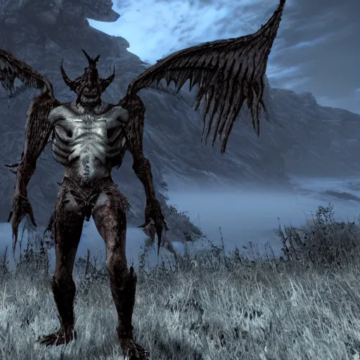 Image similar to screenshot of a horrid creature from Skyrim. It has angel wings, no eyes, and has long fingers with sharp teeth.