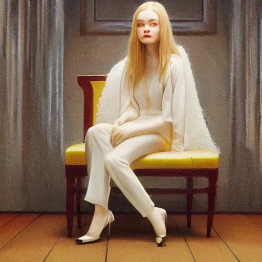 Prompt: Elle Fanning sitting on a white leather chair in the world of Julia Condon, head and shoulders portrait, stormy weather, extremely detailed masterpiece, oil on canvas, low-key neon lighting, artstation, Blade Runner 2049, Roger Deakin’s cinematography, by J. C. Leyendecker and Peter Paul Rubens and Edward Hopper and Michael Sowa,