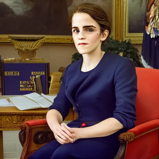 Prompt: closeup portrait of president Emma Watson in the oval office, studio lighting, 8k