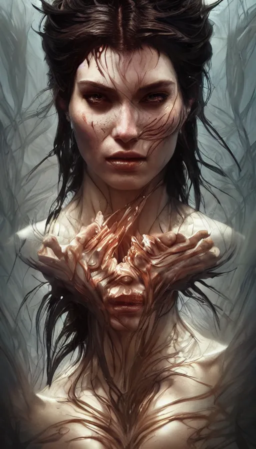 Image similar to savage beauty, sweaty, dynamic action pose, insane, intricate, highly detailed, digital painting, artstation, concept art, smooth, sharp focus, illustration, Unreal Engine 5, 8K, art by artgerm and greg rutkowski and alphonse mucha