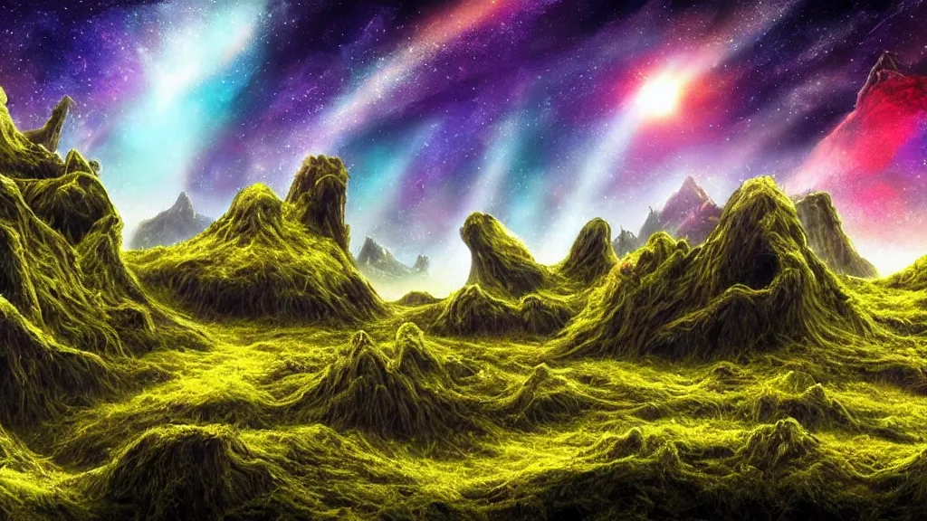 Prompt: an alien landscape view, alien sky, star in the sky, alien waterfall, alien grass, weird alien trees, alien mountains, epic composition, colorful, 4 k, detailed, realistic