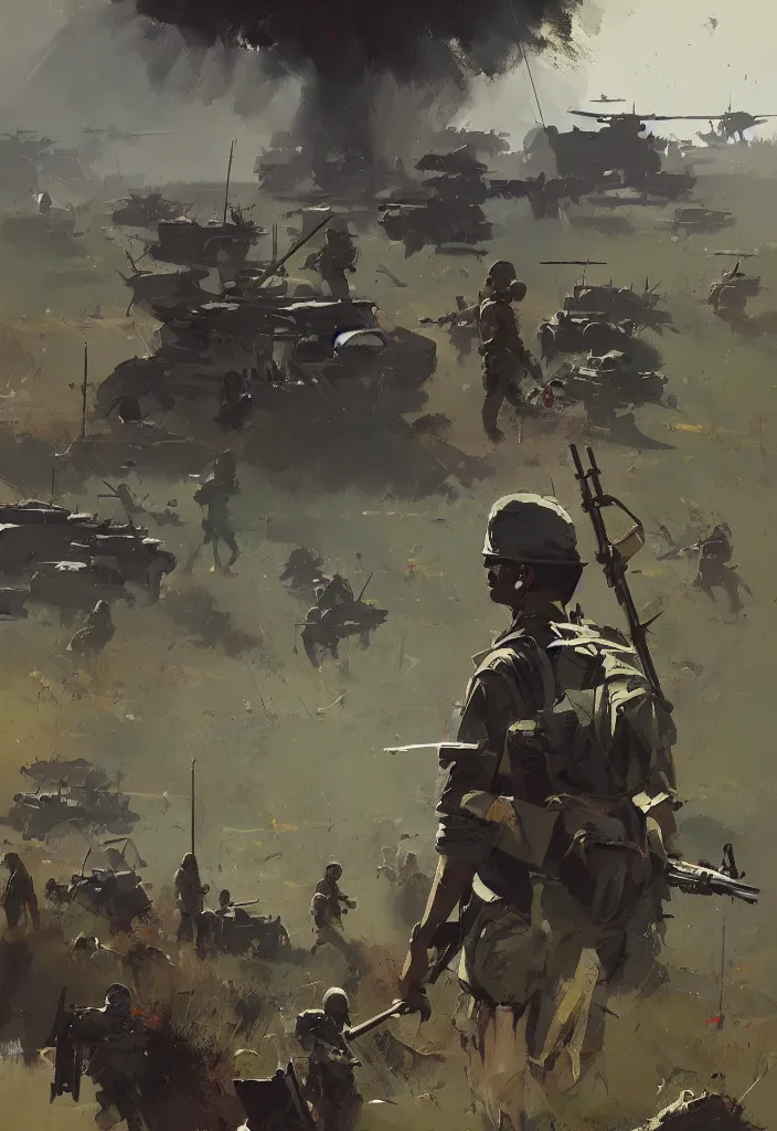 Prompt: ismail inceoglu painting of the vietnam war, painting, art concept for a book cover, trending on artstation, by greg manchess and by craig mullins and by kilian eng and by jake parker