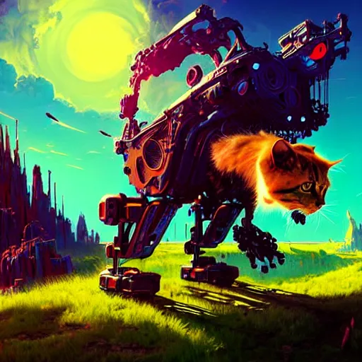 Image similar to gigantic cyborg cat crashes into gothic world planet, fantastic landscape, bright colors, hyperrealism, 4 k resolution, ultra detailed, style of anton fadeev, ivan shishkin, john berkey