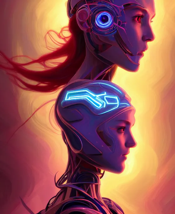 Image similar to whirlwind of souls rushing inside the metaverse, half body, glowin eye, tiara, pharaoh, android, cyborg, cyberpunk face, by loish, d & d, fantasy, intricate, elegant, highly detailed, colorful, vivid color, digital painting, artstation, concept art, art by artgerm and greg rutkowski and alphonse mucha and ruan jia