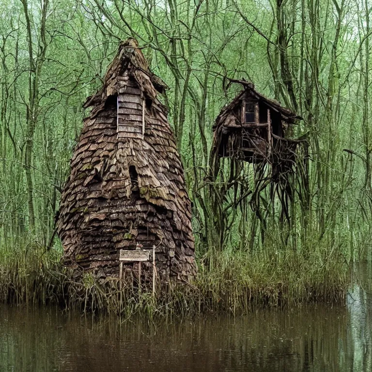 Image similar to a witches hut in a swamp