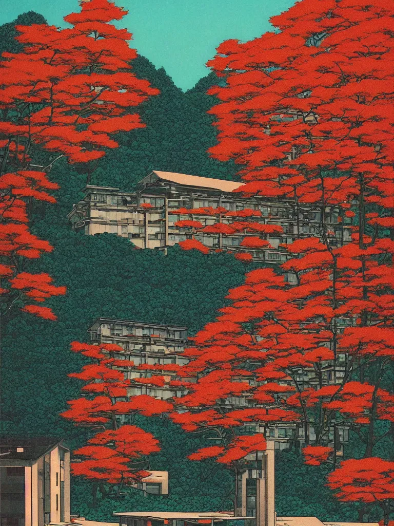 Prompt: a psychedelic hallucination of a brutalist hotel in the autumn mountains, by kawase hasui, moebius, edward hopper, colorful flat surreal design, dramatic lighting, hd, 8 k, artstation