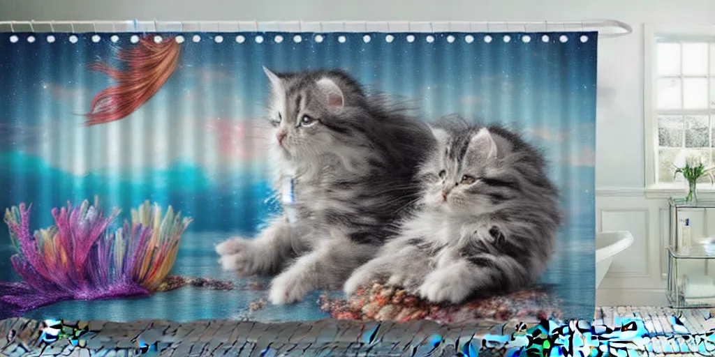 Image similar to a main coon kitten little mermaid shower curtain, product photography. 4 k, highly detailed.