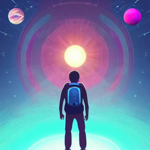 Prompt: The video game character is carrying a backpack with supplies for his journey. As he steps through the portal, he is surrounded by a bright light. When the light fades, he finds himself in an interdimensional galaxy. There are stars and planets all around him, and coins. digital art trending on artstation, very very very very beautiful, by beeple