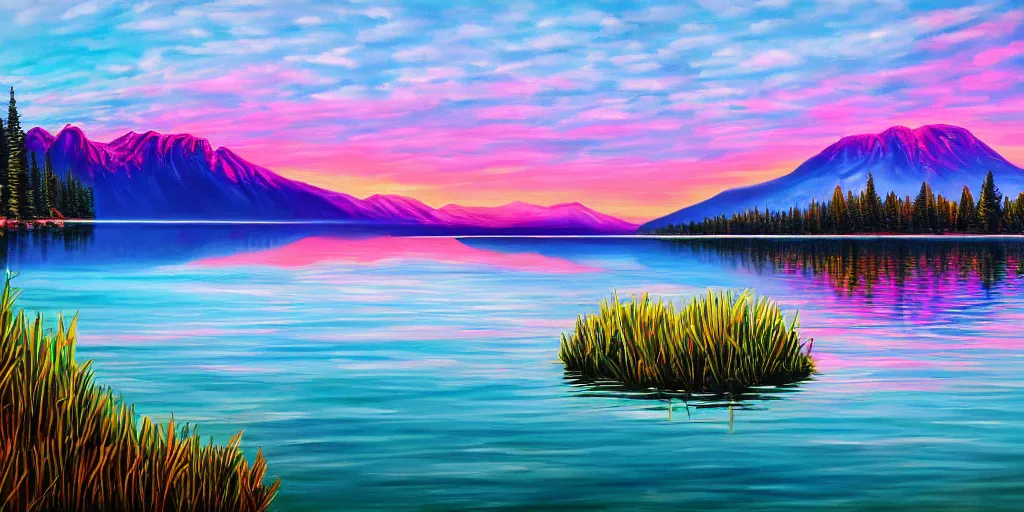 Image similar to beautiful award winning synthwave painting of a canadian lake, extreme detail, digital art, 4 k, ultra hd