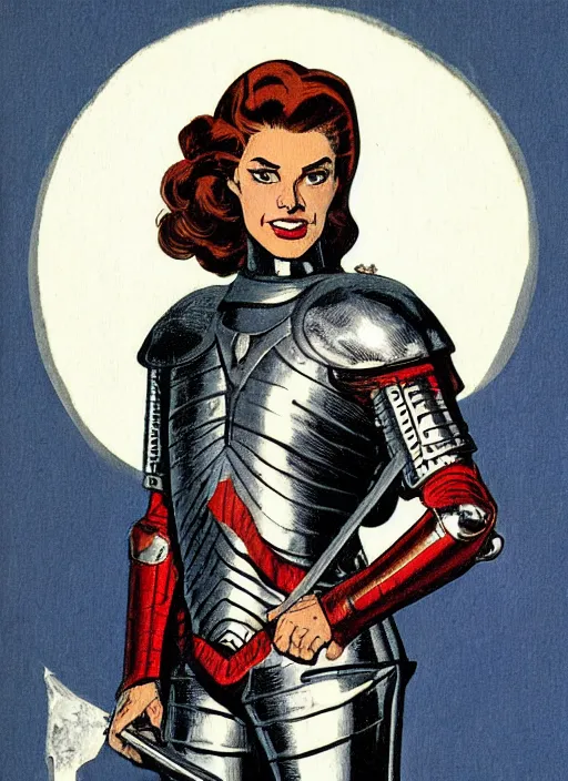 Image similar to head and shoulders portrait of a female knight. well composed, clean elegant painting, beautiful detailed face. comic book art by steve ditko and jack kirby