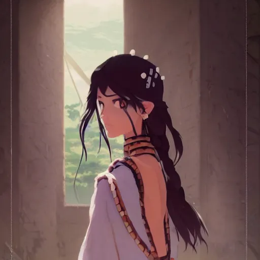 Image similar to a beautiful women instagram model, brown skin, wearing elegant catholic school girl designer fashion with mayan pattern and native style, aztec street fashion, gapmoe yandere grimdark, trending on pixiv fanbox, painted by greg rutkowski makoto shinkai takashi takeuchi studio ghibli, akihiko yoshida