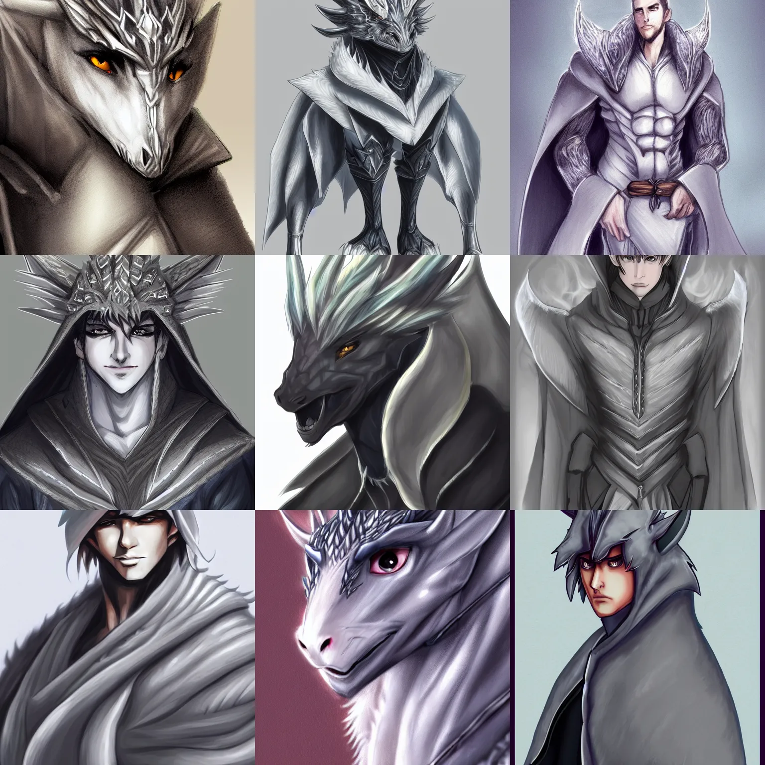 Prompt: half body portrait of a handsome young silver dragon, soft features, male, wearing a luxurious cloak, commission on furaffinity, artstation, high quality colored sketch