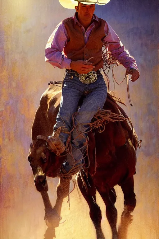 Prompt: hyperrealist portrait of a rodeo cowboy by jeremy mann and alphonse mucha, fantasy art, photo realistic, dynamic lighting, artstation, poster, volumetric lighting, very detailed faces, 4 k, award winning