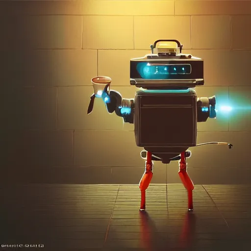 Image similar to soulful oil painting of a friendly empatic robot serving a cup of coffee, by simon stalenhaag, by laurie greasley, high depth of field, fresh colors, coffee beans, coffee, steam, hyperdetailed, hyperrealistic, moody light, 3 d octane render, 4 k, volumetric lights, smooth, cosy atmosphere, artstation!