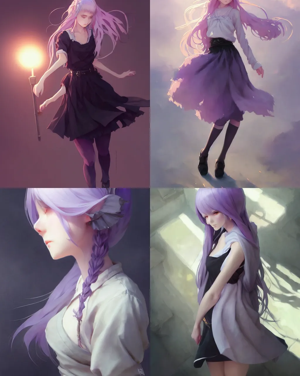 Prompt: a girl with lavender hair and black skirt, a beautiful half body illustration, top lighting, perfect shadow, soft painting, reduce saturation, leaning towards watercolor, art by hidari and krenz cushart and wenjun lin and stanley artgerm lau