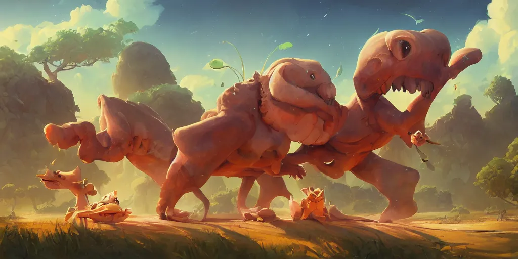 Prompt: Aesthetic landscape painting of cute alien animals playing with each other , cgsociety, fantasy art, concept art , ambient occlusion, behance hd , concept art by Jesper Ejsing, by RHADS, Makoto Shinkai Cyril Rolando
