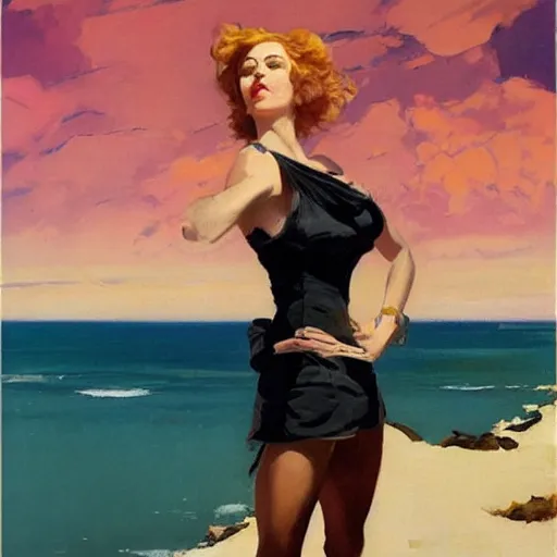 Prompt: an attractive female standing on a cliff, looking out at a pink ocean, by jc leyendecker!! phil hale!, angular, brush strokes, painterly, vintage, crisp