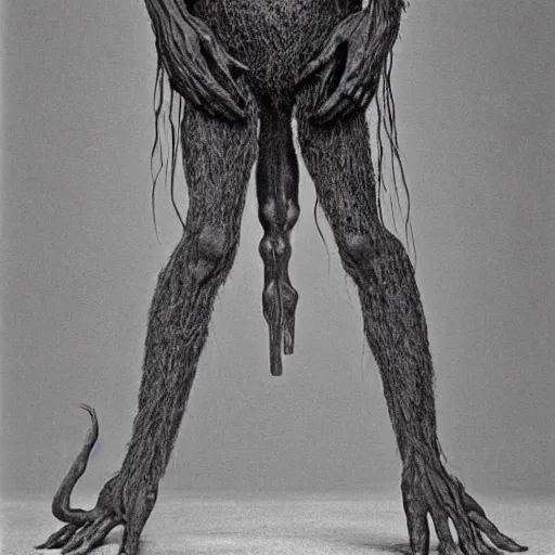 Prompt: vintage photography of faceless beast-god with many long arms, a huge body covered with deep furs by Zdzisław Beksiński, odd eye, dark fantasy, detaling