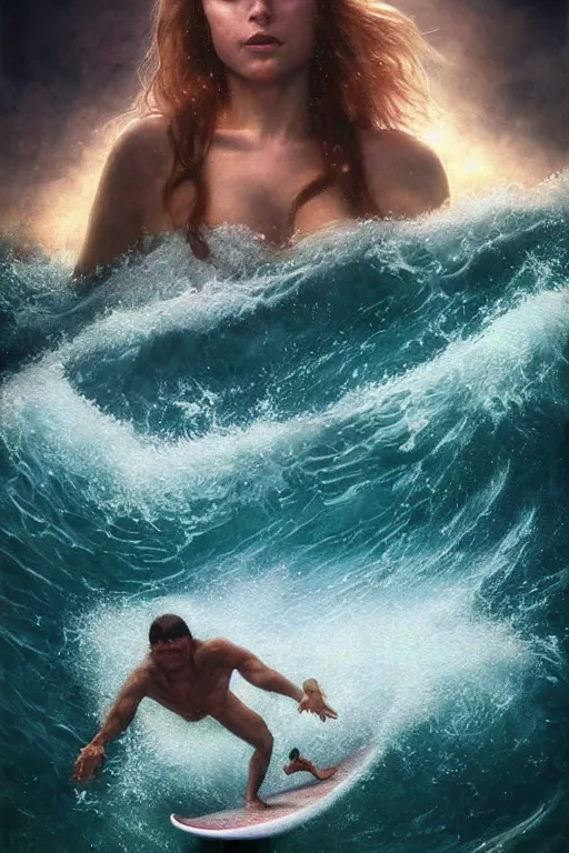 Image similar to movie poster, 2 0 0 mm, realistic photographed oil panting of a forbidden island, suicidegirls surfing beautiful waves, under the water are dead bodies and ghosts, supernatural colors, beautiful, dappled silver lighting, epic, atmospheric, highly detailed, horrific, 8 k, art by art by artgerm and greg rutkowski and edgar maxence