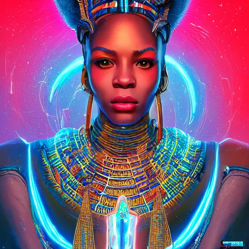 Image similar to highly detailed portrait of an african neon egyptian goddess, intricate alien technology, stephen bliss, unreal engine, fantasy art by greg rutkowski, loish, rhads, ferdinand knab, makoto shinkai and lois van baarle, ilya kuvshinov, rossdraws, tom bagshaw, global illumination, radiant light, detailed and intricate environment