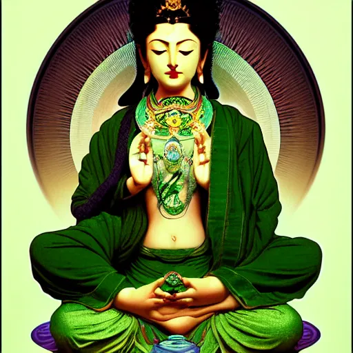 Image similar to intense portrait of the green tara bodhisattva meditating, intricate, elegant, highly detailed, my rendition, digital painting, artstation, concept art, smooth, sharp focus, green color scheme, illustration, art by artgerm and greg rutkowski and alphonse mucha